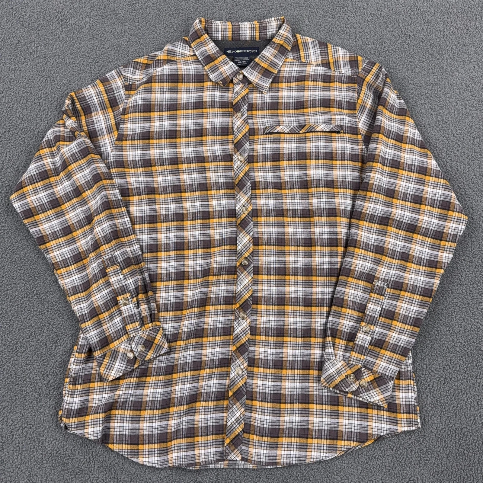 ExOfficio Shirt Mens 2XL Brown Yellow Plaid Zip Pocket Travel Hiking Outdoors
