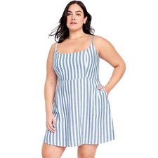 Old Navy Dress 2X Blue Striped Chambray Linen Blend Sleeveless Pockets Sundress