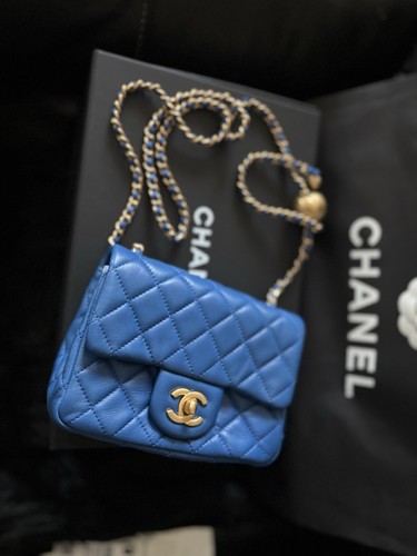 CHANEL Blue Quilted Mini Flap Shoulder Bag Chain Strap Logo Gold Hardware