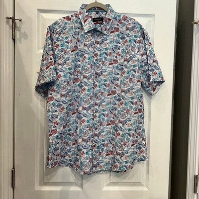 Bexleys Man Button Down Shirt Cotton Linen Passport Stamp Travelcore Eclectic XL