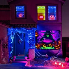 Spooky Witch&Pumpkin Glow-in-the-Dark Tapestry-Large Halloween Outdoor Decor,Eas