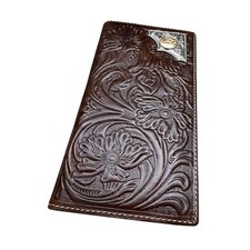 Western Stakes Leather Bi Fold Long Wallet Cowboy Praying at Cross Concho Tooled