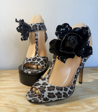 Betsey Johnson Leopard Print T-Strap Peep Toe Stiletto Heels Black Rosette 8M