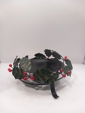 Rustic Christmas Holly Round Black Metal Candle Holder