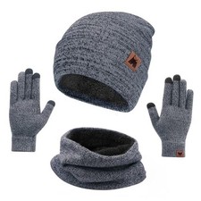 Winter Beanie Hat Scarf and Touch Screen Gloves 3-Piece Set, One Size Grey