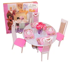 GLORIA FURNITURE DOLLHOUSE 4 CHAIRS Round DINING Table ROOM PLAYSET w/Dinerwares