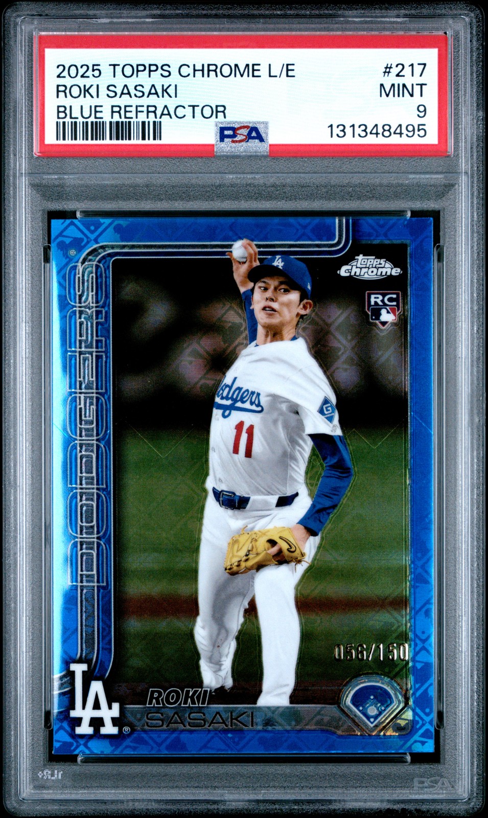 2025 TOPPS CHROME LOGOFRACTOR ED BLUE REFRACTOR #217 ROKI SASAKI 56/150 PSA 9