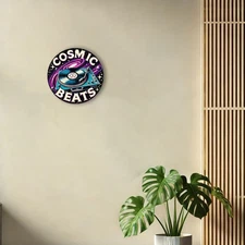 2D Flat,8 Inch Round Aluminum Wall Plate - Cosmic Rhythm Retro Wall Art W/Vibran