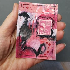 ACEO Original Mixed Media Postage Stamp Red Abstract Art Painting - AMBER K