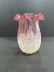 VTG Fenton Vase White Spatter with Cranberry Glass and Ruffled Edges 7.5" Tall