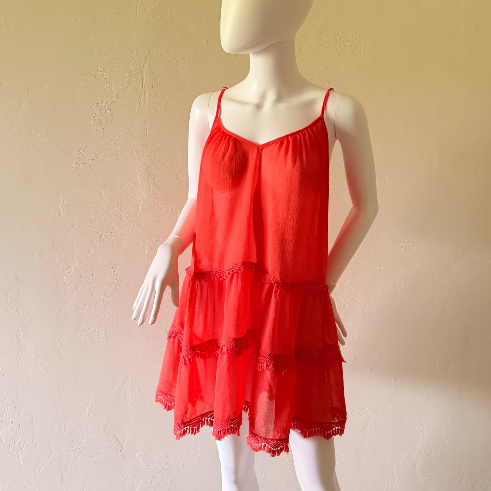 Ramy Brook Women's Red Tiered Tassel Mini Dress Boho Crochet Lace Trim Size M