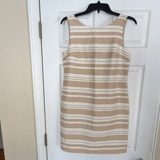Banana Republic Beige White Striped Sleeveless Sheath Boat Neck Knee Dress 8