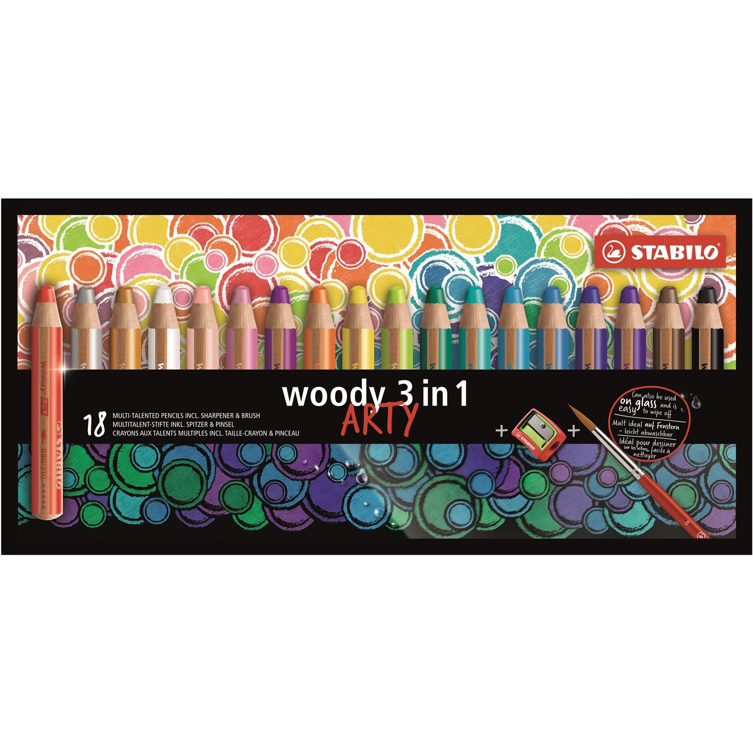 STABILO Woody 3in1 Arty : 18 Crayons Lavables pour Dessiner sur Vitre et Papier