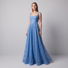 BHLDN Blue Floral Jacquard Maxi Dress 14 Gown Square Neck Wedding Guest Prom