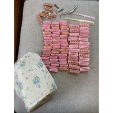 Huge Lot 60's Vintage Pink Hair Curlers Retro Snap Hold Clips Combs W/ Case