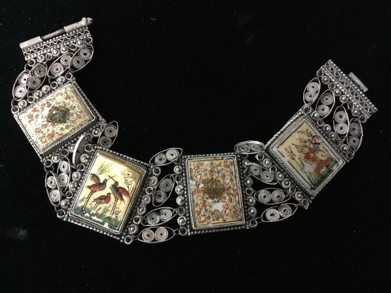 Vintage/Antique Persian MOP Hand Painted Sterling Storyteller Bracelet 8" Long