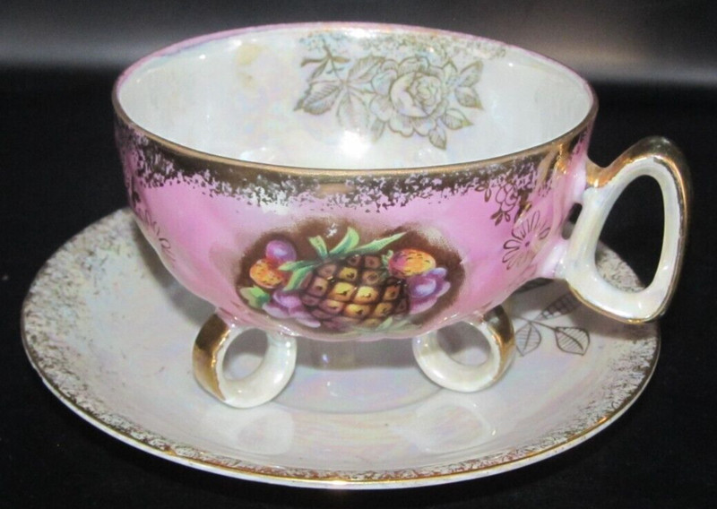 Vintage ROYAL HALSEY 3 Footed Tea Cup & Saucer Fruit Purple Roses Iridescent