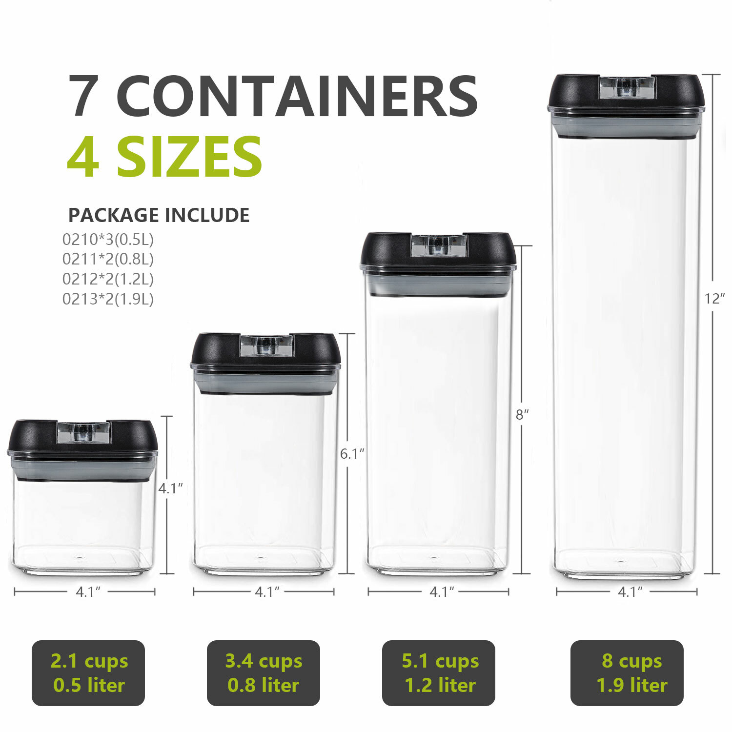 7 Pcs Airtight Food Storage Container Set Kitchen & Pantry Organization Black US