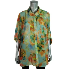Lane Bryant Womens Top Plus Size 22/24 Pockets Sheer Floral Button Up Green