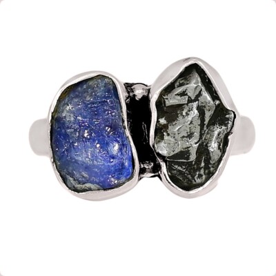 Natural Tanzanite & Meteorite Campo Del Cielo 925 Silver Ring s.6 CR72686