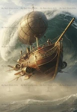 STEAMPUNK AIRSHIP ART PRINT, Surreal Ship Poster, Nautical Fantasy Decor G114