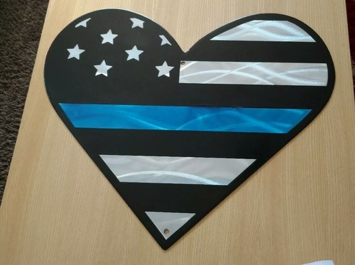 American Flag Thin blue line Heart metal wall art home Sculpture gift custom art - Picture 4 of 4