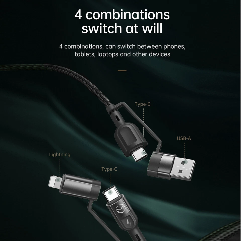 Multi USB C QC Fast Charging Cable 4 in 1 USB C/USB A to USB C To iPhone PD 60W - Image 3 of 4