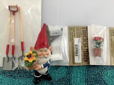 Timeless Minis Garden Lot :Gnome,tools,Mail Box,pot of Roses Doll Miniature 1:12