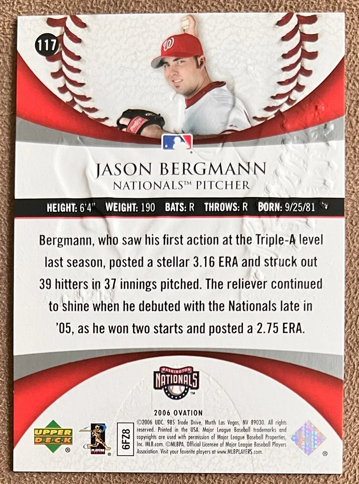 Jason Bergman 2006 Upper Deck Ovation Rookie #117 /999 Washington Nationals RC - Image 3 of 3