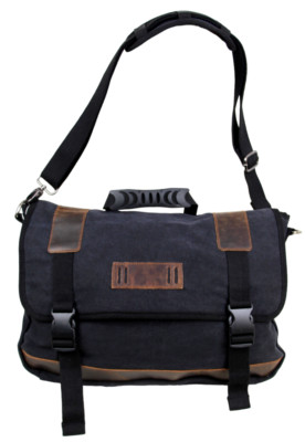 Ecosusi BROWN REAL LEATHER GRAY CANVAS LAPTOP SHOULDER BAG BRIEFCASE MESSENGER