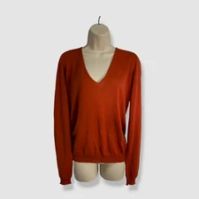 $750 Rick Owens Woman's Orange Cashmere Long Sleeve V-Neck Sweater Size XS