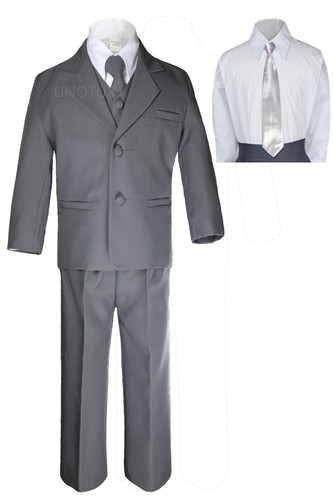 6pc Boy Kids Teen Dark Grey Formal Wedding Party Suits Tuxedo Satin Necktie 5-20 - Picture 16 of 28
