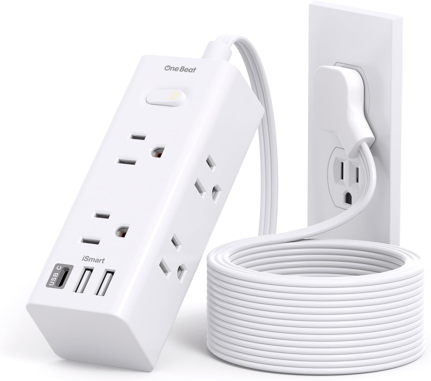 10Ft Extension Cord with Multiple Outlets, Flat Plug Power Strip 10FT, White-image