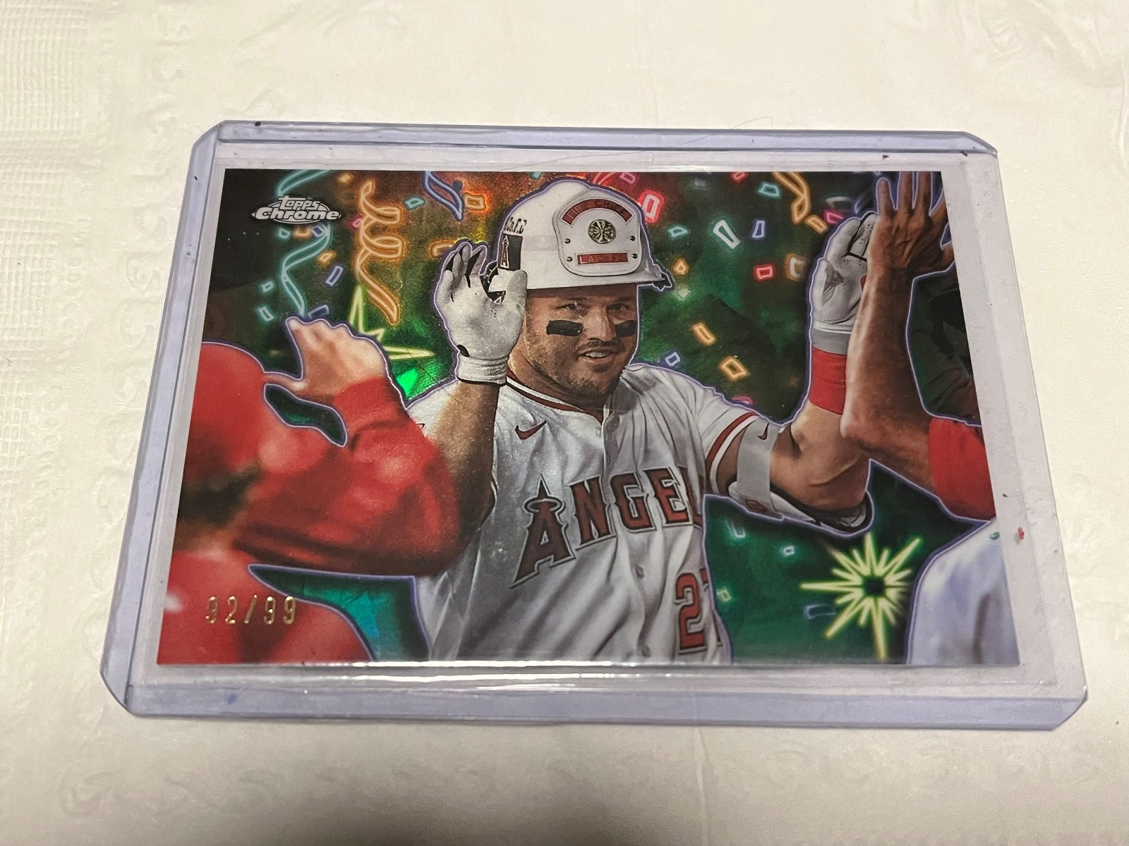 Mike Trout 2025 Topps Chrome Update Celebracion Green 92/99 Celebration SP CT-10