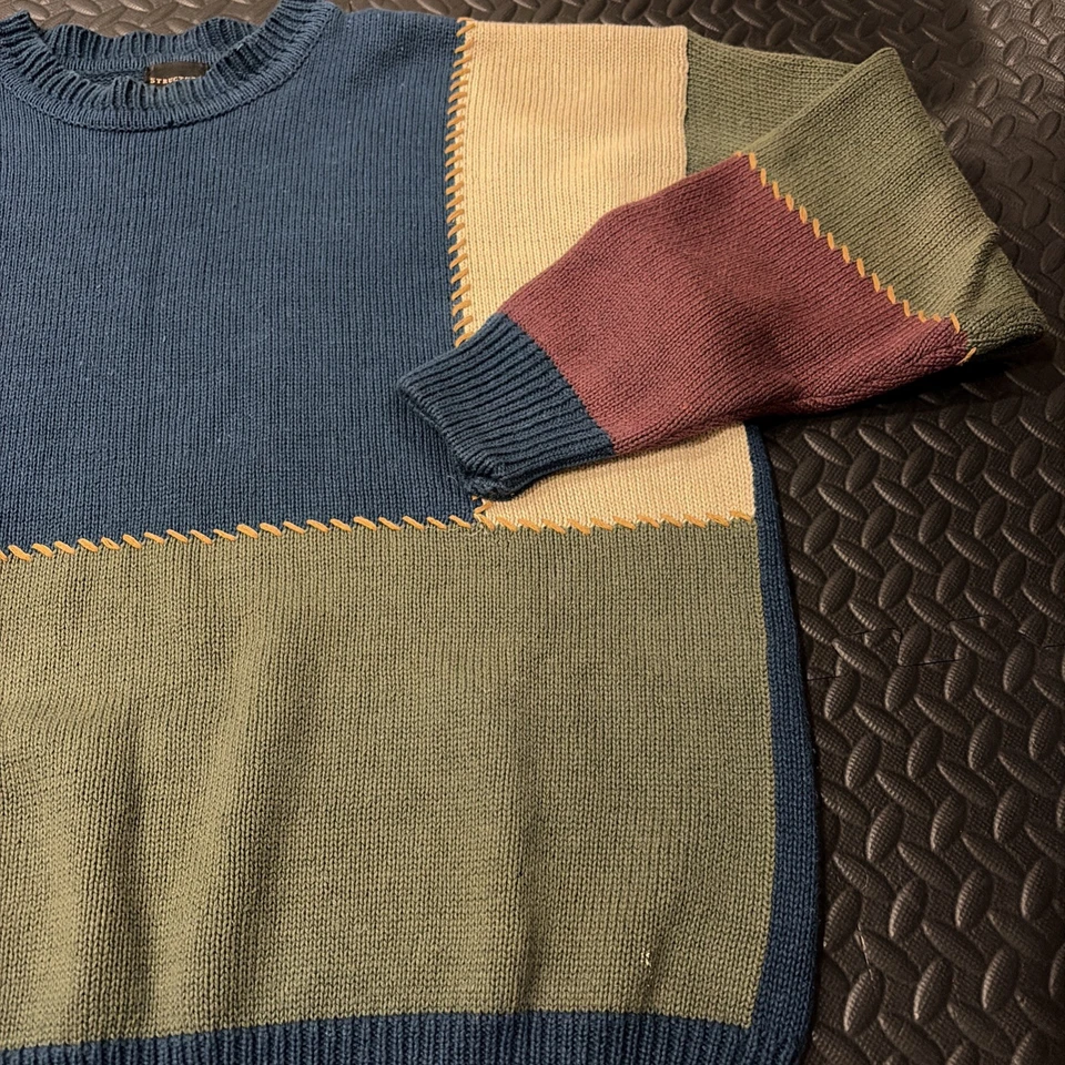 Vintage Structure Mens Sz M Color Block Classic Cotton Ramie Pullover Sweater 90 - Image 3 of 4