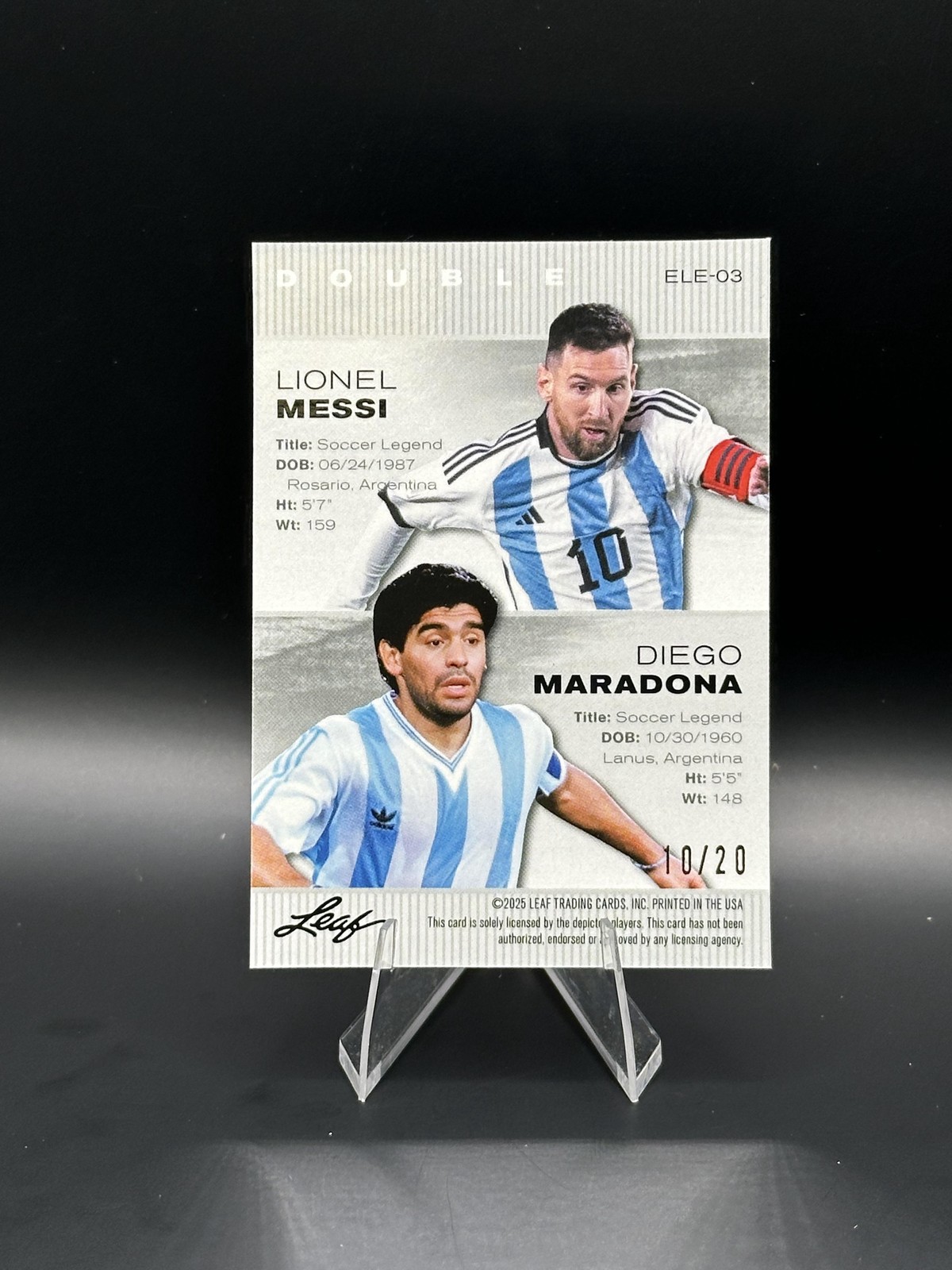 Diego Maradona & Lionel Messi 2025 Leaf Metal Dual Blue /20 RC view 2
