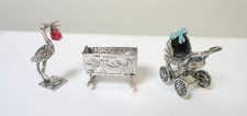 Vintage Sterling Silver Miniatures Baby Cradle Carriage Stork