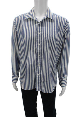 Pierre Balmain Mens Point Collar Striped Dress Shirt Blue Long Sleeve Size L