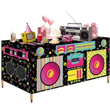 6FT Rectangle 80s 90s Boom Box Tablecloth, Retro Radio Stereo Speaker Print W...