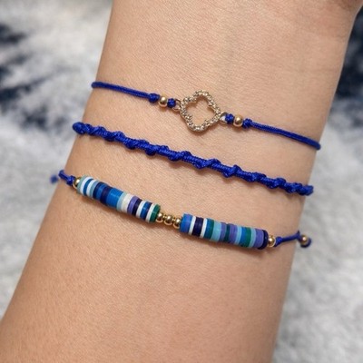 D'Bello Blue & Gold Beaded Cord Charm Bracelets with Dangle Charms