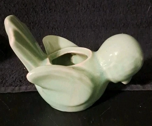 VINTAGE SHAWNEE? POTTERY BLUEISH GREEN CHIPPING BIRD PLANTER