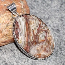 925 Silver Plated Mexican Laguna Lace Pendant Handmade Gemstone 2.1" MJ