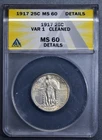1917 25C STANDING LIBERTY SILVER QUARTER No Stars KM# 141 ANACS MS60 Dets A7823