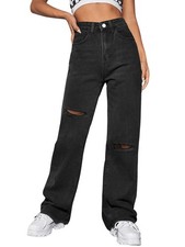 Genleck Women Ripped Boyfriends Jeans High Waist Baggy Denim Pants Wide Leg