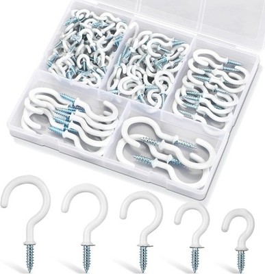 110Pcs Premium Screw Hooks, 5 Sizes White Vinyl Coated Cup Hook, from1/2 in