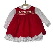 Vintage 80s Baby Togs Embroidered Pinafore Dress 6-9 Months Red Velvet