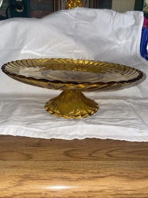 Vintage Amber Anchor Hocking Fairfield Pedestal Cake Plate 10  c1970