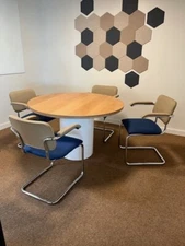 Knoll Marcel Breuer Cesca Arm Chairs - Blue & Tan with Chrome Legs | Set of Two 