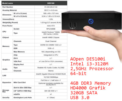 PRÄSENTATIONSCOMPUTER AOPEN DE5100i i3 INTEL CPU 4GB 320GB SATA USB 3.0 RS-232