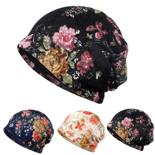 Women Classic Lace Floral Beanie Hat Stretchy Flower Cap Slouchy Baggy Hats - Picture 1 of 10